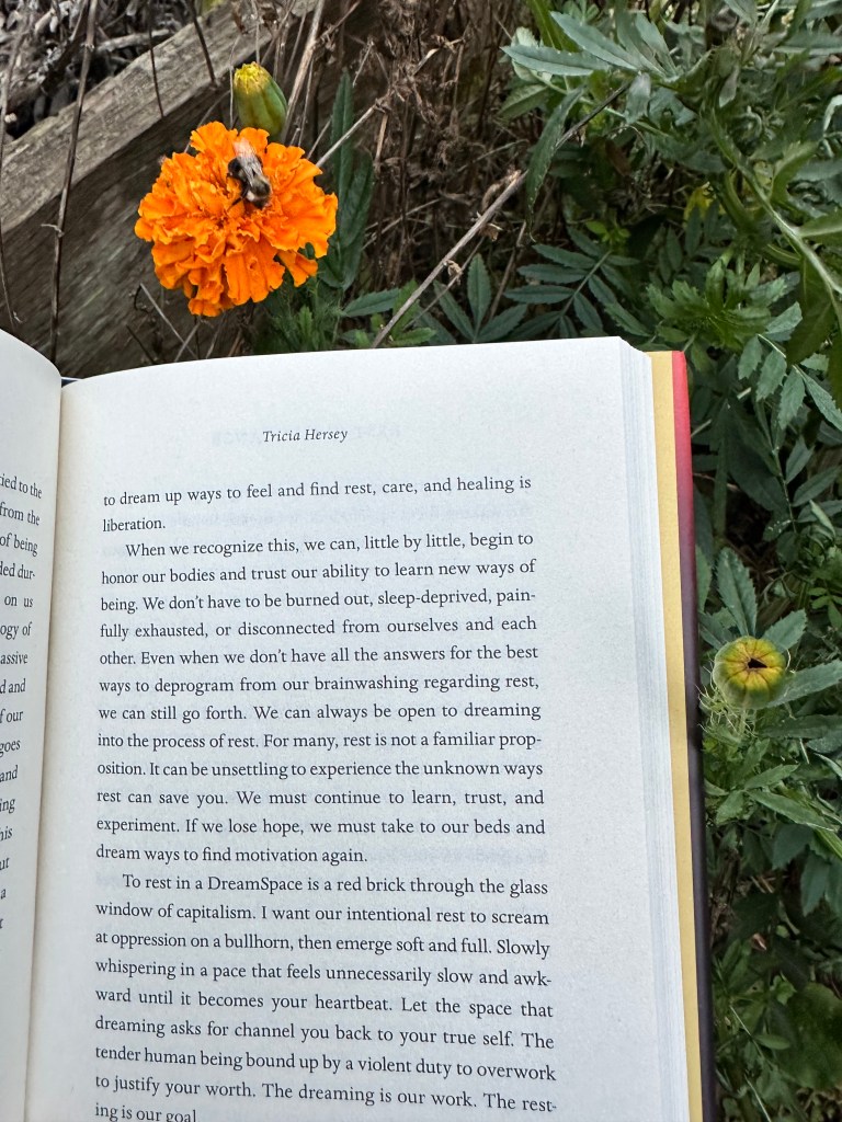 A bee rests in the petals of  an orange marigold. Slightly below is the book "Rest is Resistance" (by Tricia Hersey) opened to a page which reads "We don't have to be burned out, sleep-deprived, painfully exhausted, or disconnected from ourselves and each other. Even when we don't have all the answers for the best ways to deprogram from our brainwashing regrading rest, we can sill go forth. We can always be open to dreaming into the process of rest.
 